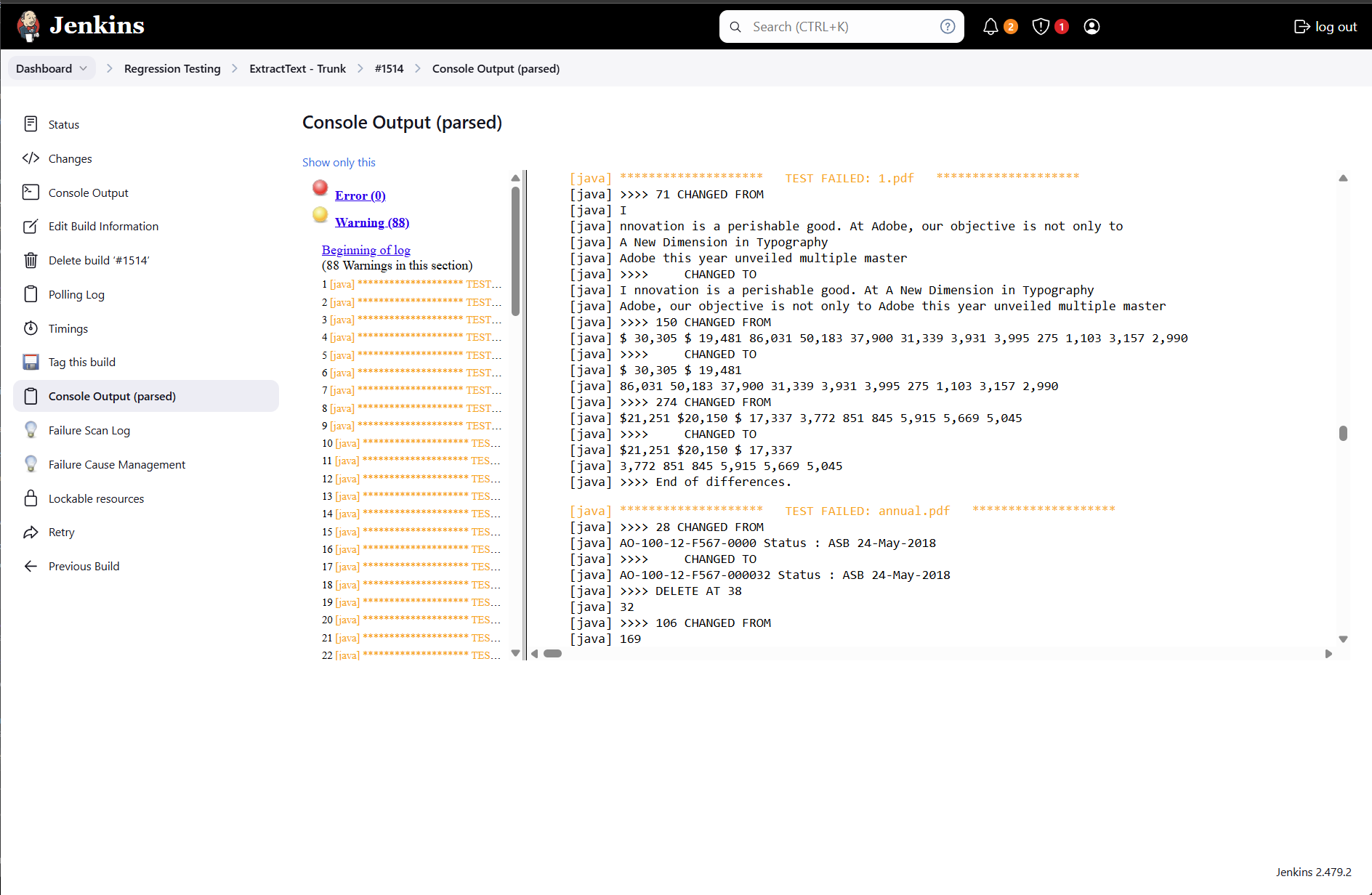 Error log example from failed regression test.