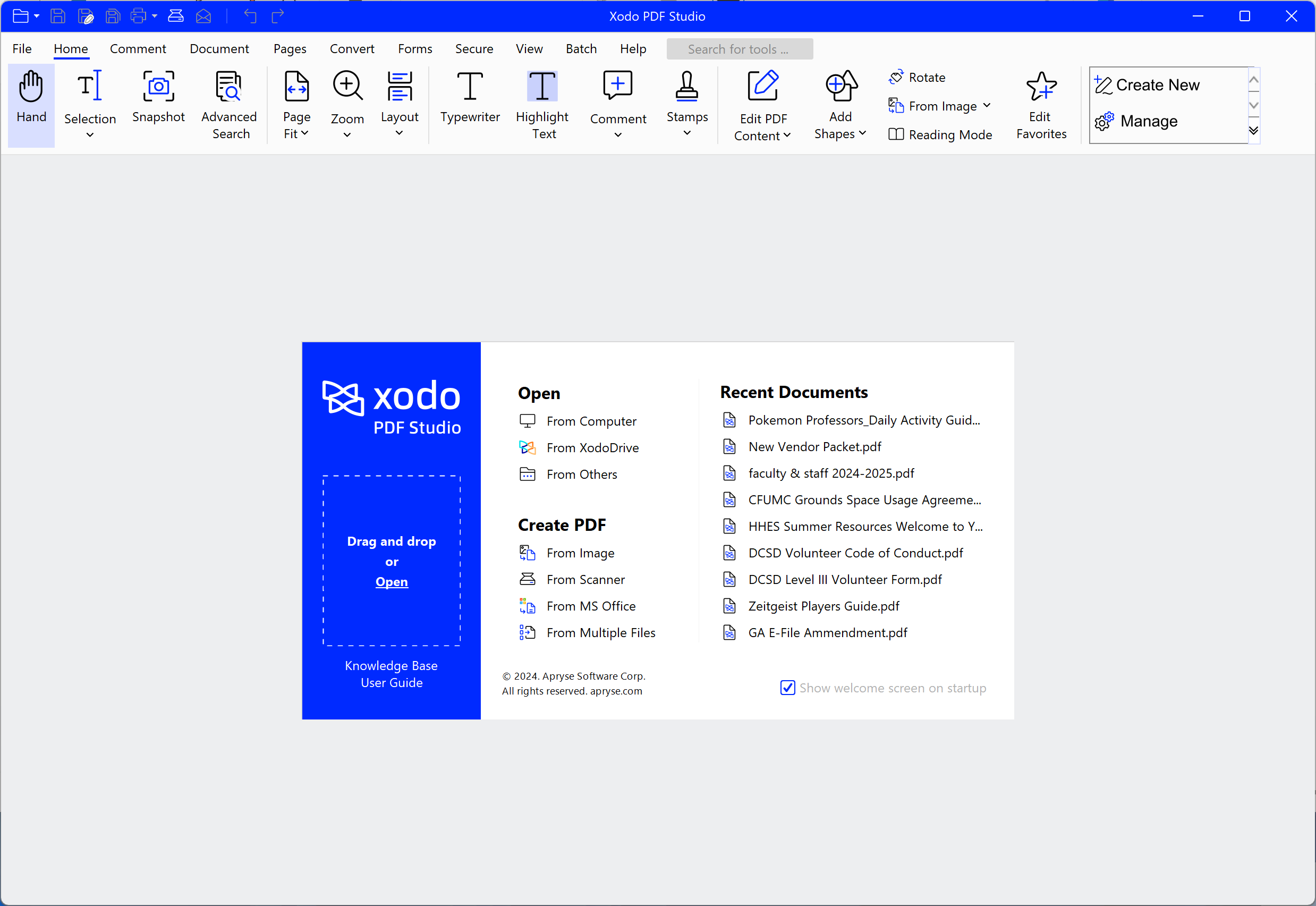 New, redesigned welcome screen of the PDF editor, showing a modern and clean layout.